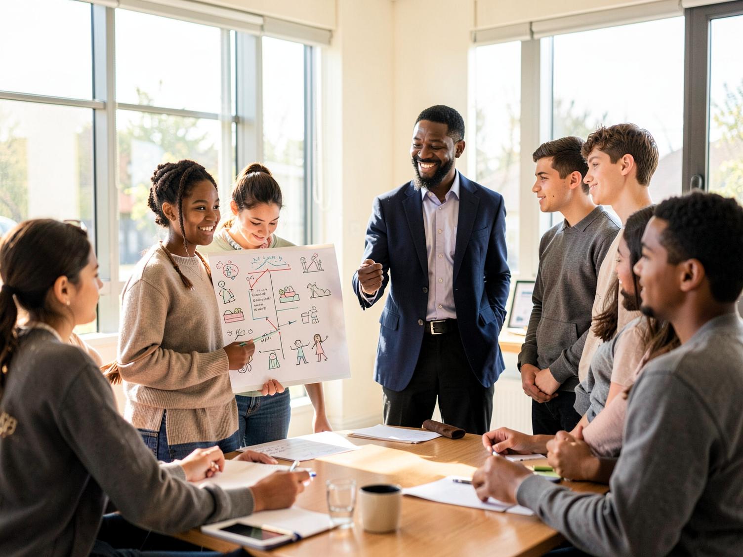 A teen presents a hand-drawn plan to peers and a mentor in a leadership workshop