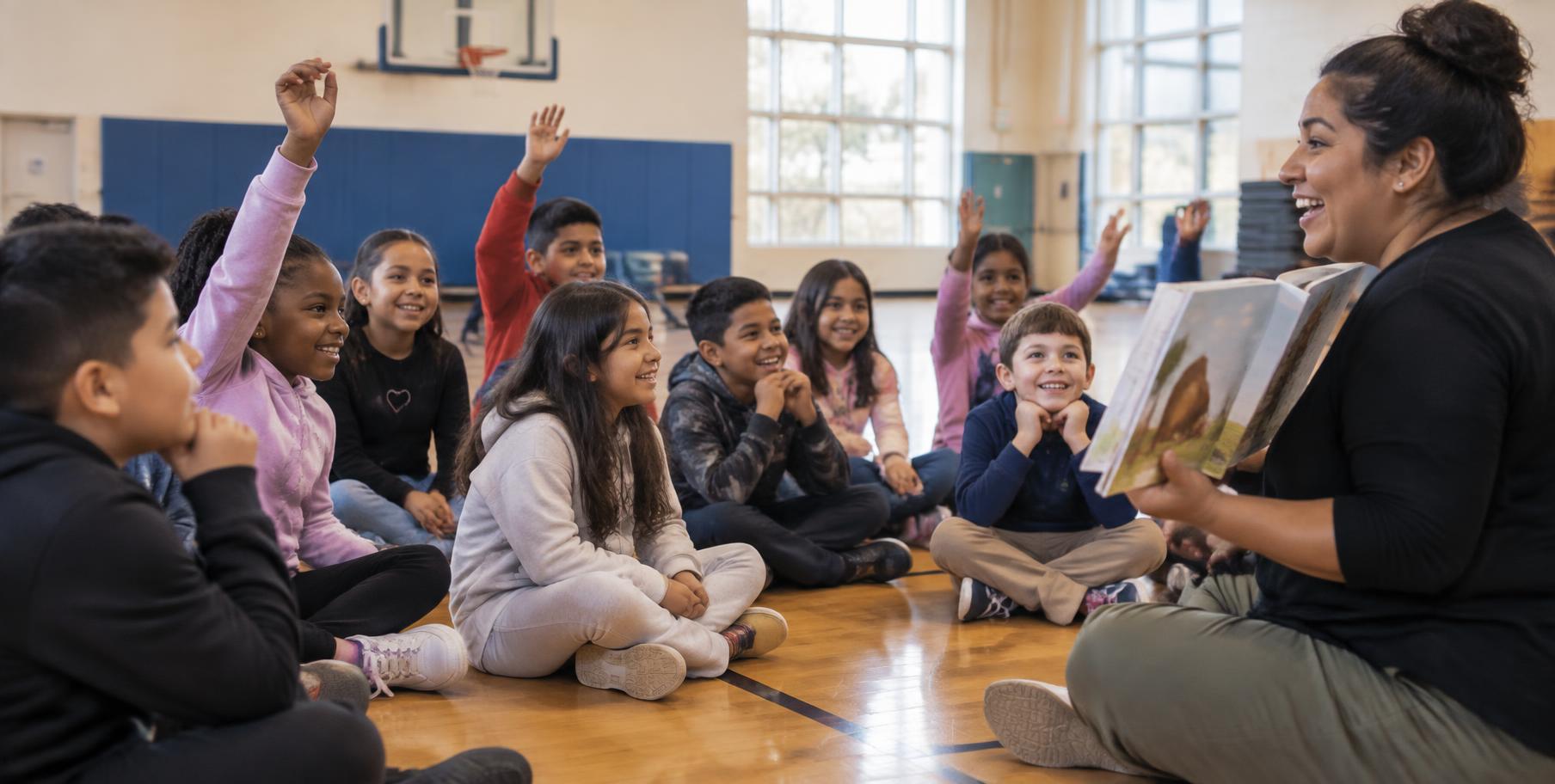 Elementary students sit in a circle raising their hands as an educator reads aloud