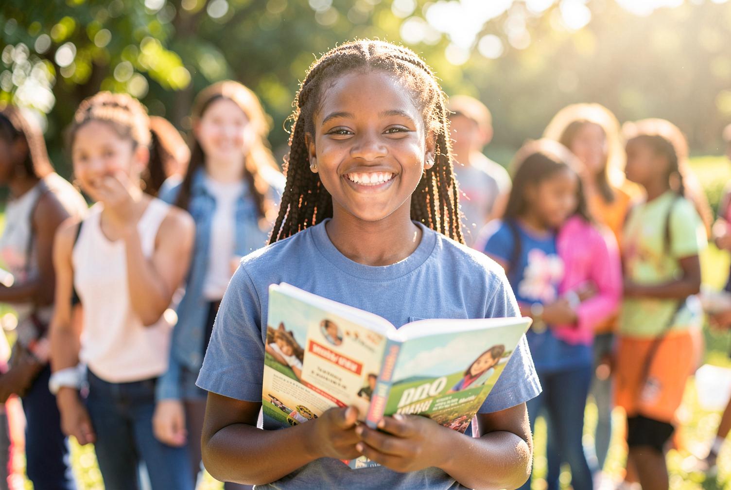 A smiling student holds an open book outdoors with other young people behind her