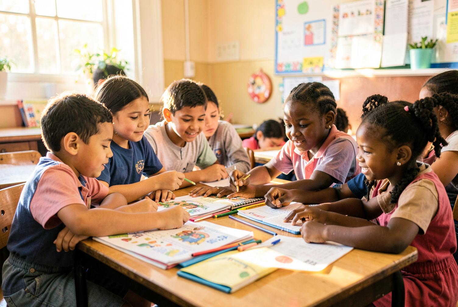 Students work together on reading and writing at a bright classroom table