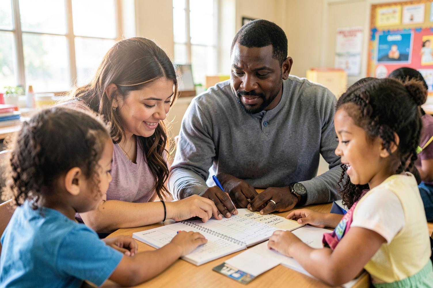 Parents and their children review a household budget notebook together at a community workshop
