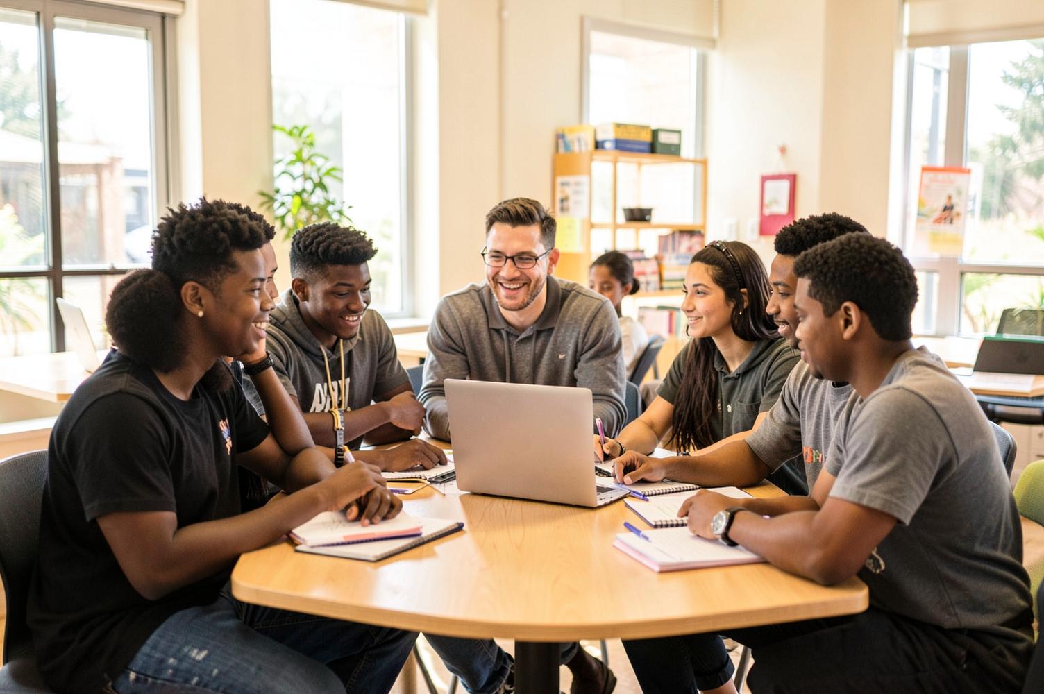 Teenagers work together with a mentor around a table in a bright community room