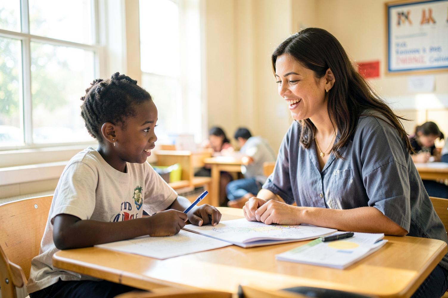 A young student reads and writes alongside a smiling tutor at a classroom table